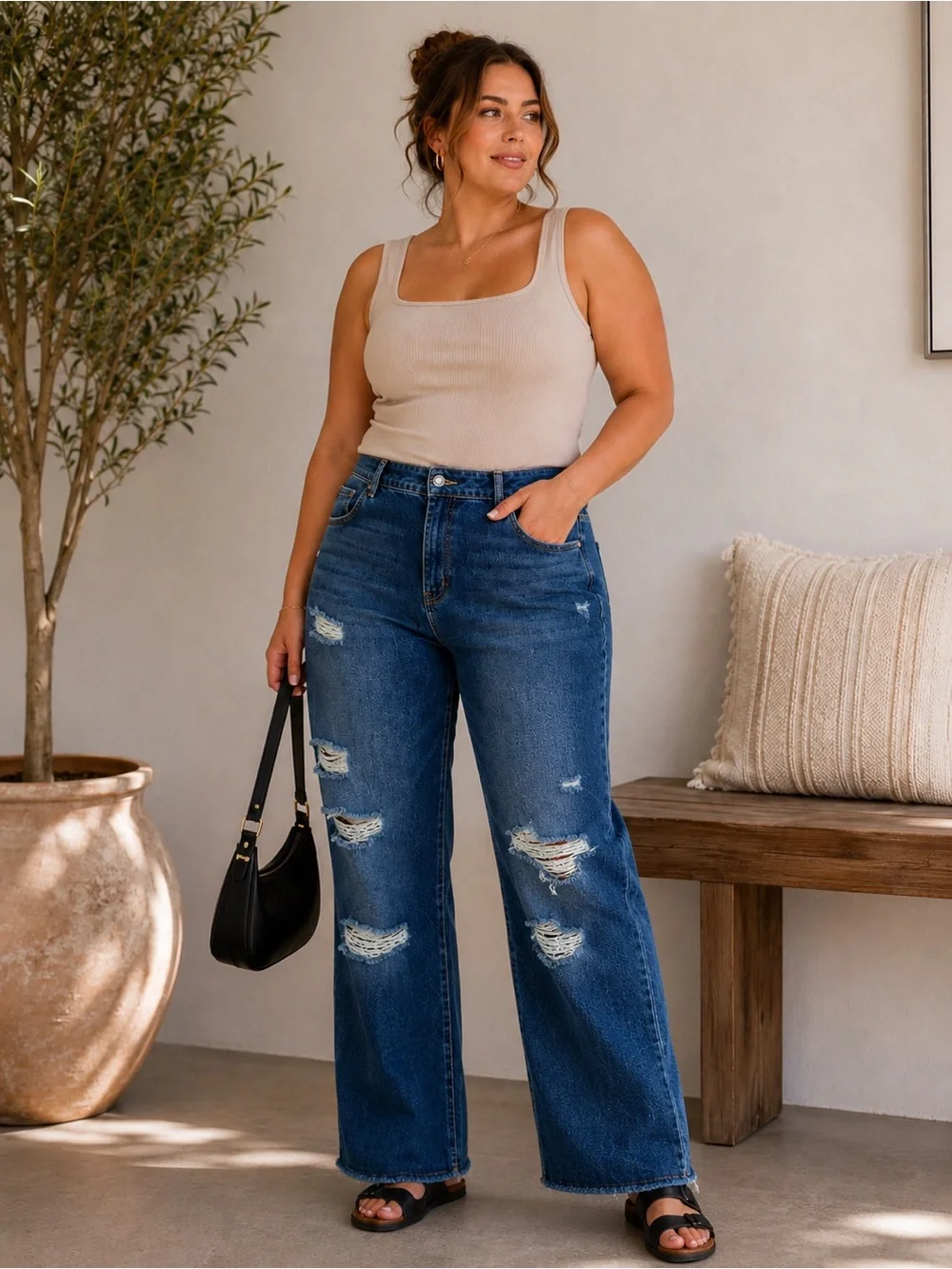 Kancan High Rise Distressed Raw Hem Wide Leg Plus Size Jeans